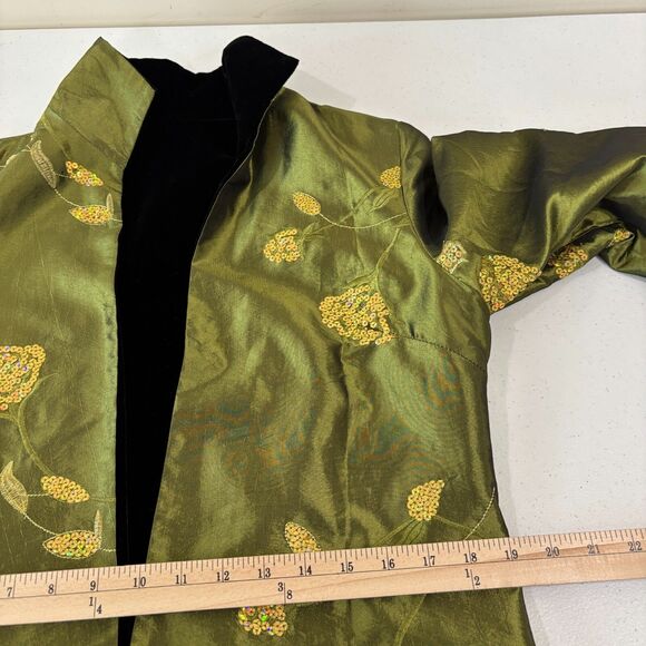 Iridescent Green Satin Velvet Jacket Embroidered Reversible Floral Women L MotB - Picture 11 of 11